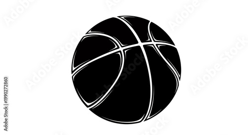 Monochrome basketball icon with bold circular form featuring white lines on black background, modern abstract logo design.