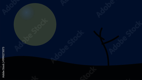 Silhouette of a tree under a glowing green orb in the night sky Vector