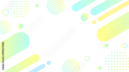 黄緑と黄色のグラデーションメンフィス背景 斜め楕円とドットストライプの爽やかな夏デザイン 横長 16対9