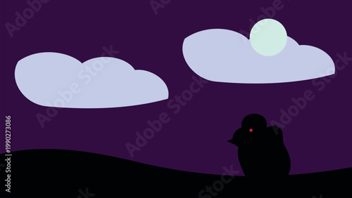 Silhouette of a bird under a moonlit sky with clouds Vector