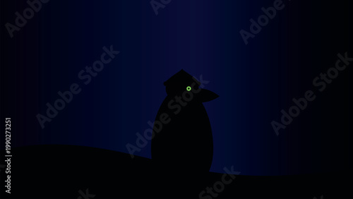 Silhouette of a bird with glowing eyes against a dark blue sky Vector