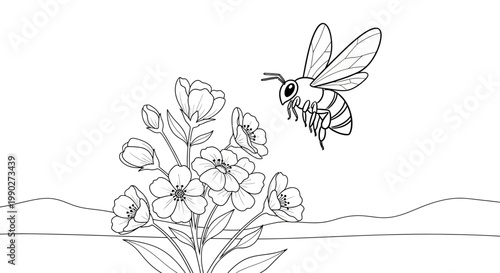 Bee flying near flower blossoms.