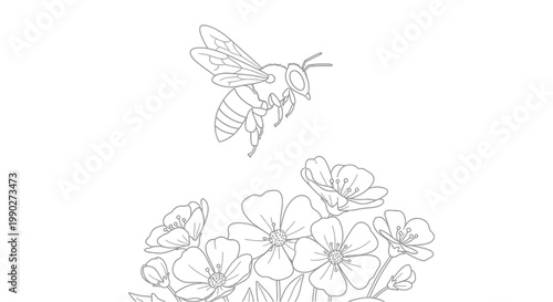 Bee flying near colorful flower blossoms.