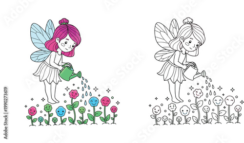 Cute fairy girl watering smiling flowers. Vector illustration side-by-side colored and black and white outline version for children's coloring book page.