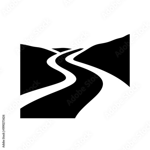 A black and white illustration of a winding road