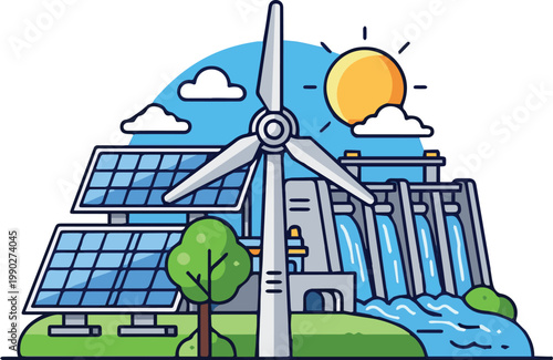 A sunny day view of a renewable energy facility with solar panels and a wind turbine near a hydroelectric dam in a natural landscape.