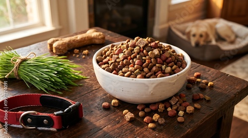 Dog food bowl on wooden table indoors