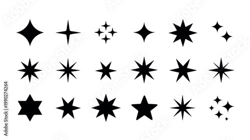 A diverse collection of eighteen distinct black star shapes and sparkling asterisk icons, showcasing various point counts and stylistic forms, perfect for decorative design elements.