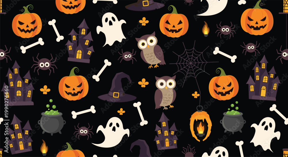 Obraz premium Fun halloween seamless pattern on black background with pumpkins ghosts owls haunted houses witches hats and spiders for spooky decor.