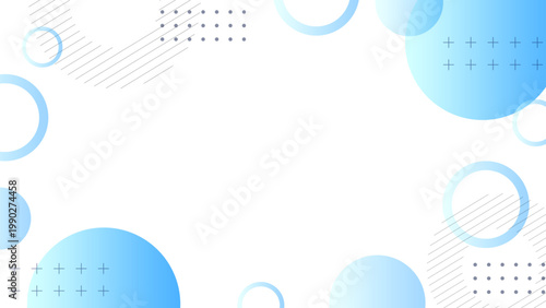 水色グラデーションの円やドットとプラス柄を散りばめたデジタルでクリーンなメンフィスフレーム背景 ビジネスやIT向け 横長 16:9