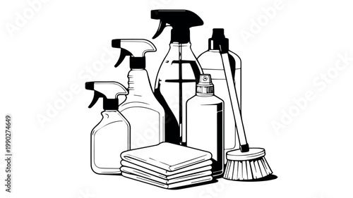 A comprehensive collection of various essential cleaning supplies, including spray bottles, liquid cleaners, a stack of cloths, and a scrubbing brush, illustrating home sanitation tasks.
