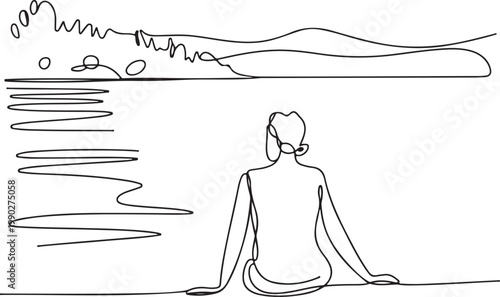 Continuous line art illustration of a person sitting peacefully by the water, gazing at a serene mountain landscape under a vast sky, evoking feelings of calm and relaxation