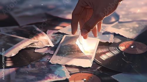 A close-up, cinematic scene of a hand reaching toward a cracked photograph among scattered memories—torn Polaroids and vinyl records—set on a surface with soft, ethereal lighting and a faint glow fro