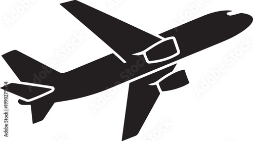 Airplane icon, black silhouette, commercial aircraft, vector graphic