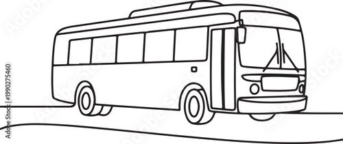 Simple black and white line art illustration of a generic passenger bus traveling on a road, perfect for transportation designs and educational materials