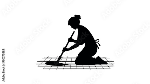A graceful silhouette of a woman diligently mopping a floor, depicted kneeling with a mop on a tiled surface, illustrating the act of domestic cleaning.