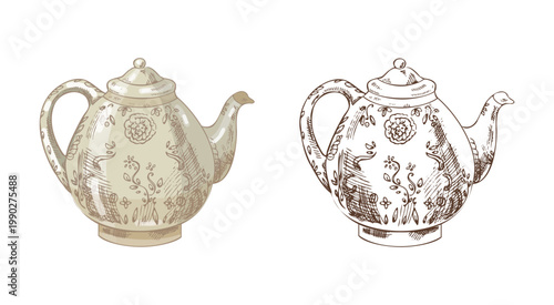Hand drawn vintage sketch of porcelain teapot with floral ornament in color and monochrome decorative illustration