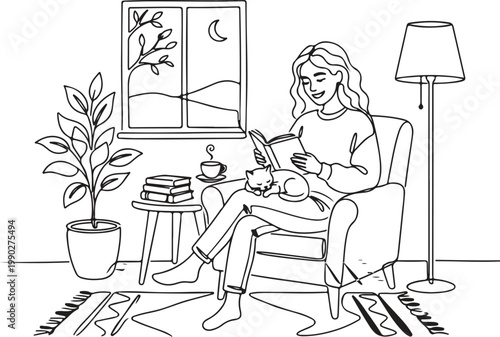 Cozy evening at home with a woman reading a book, a cat sleeping on her lap, and a cup of tea on the side table by the window with a crescent moon