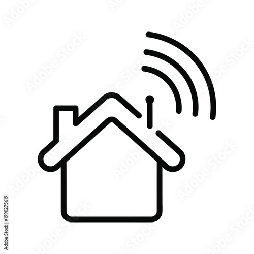 Outline icon of a house with Wi-Fi signal waves emanating from the roof, symbolizing a smart home.