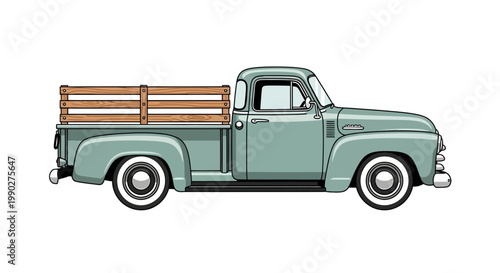 Foto Vintage green pickup truck with wooden bed.