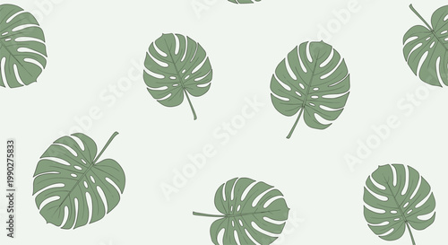 Seamless pattern of green monstera deliciosa leaves scattered across a light beige background for tropical home decor.