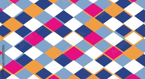 Geometric diamond pattern with blue light blue orange and pink colors creating a vibrant argyle design for textiles.
