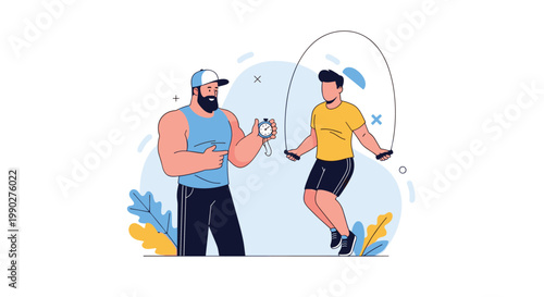 Illustration of a muscular personal trainer with a stopwatch timing a young man skipping rope for a workout session.