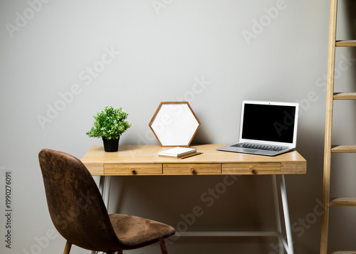 Tableau sur toile Modern Workspace Interior with Desk Chair and Ladder – Minimal Home Office Room