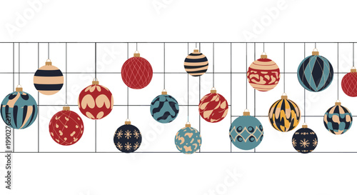 Horizontal banner of various patterned Christmas baubles hanging on a grid background for holiday card decoration.