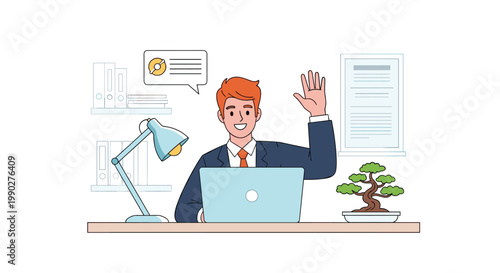 Illustration of a red haired man working at his desk with a laptop and raising his hand in a bright home office setting.