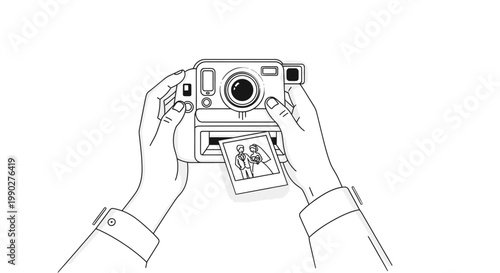 Line drawing of two hands holding a vintage instant camera with a developing photo in a minimalist style against a white background.
