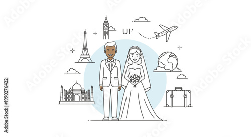 Line drawing of a diverse couple in wedding attire surrounded by travel icons and landmarks on a white background.