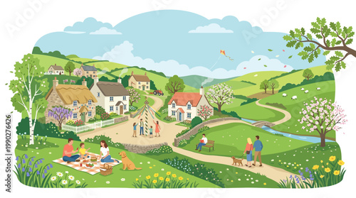 Illustration of a serene UK village scene during an early May bank holiday, with people enjoying a picnic and leisure activities in a lush green landscape with blooming flowers and a clear