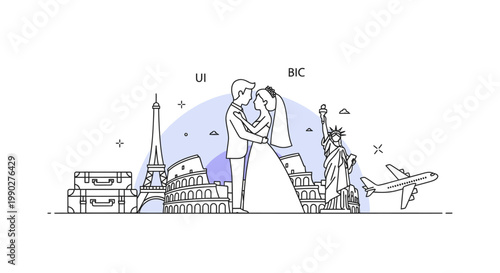 Vector illustration of a romantic couple kissing in front of iconic landmarks and a plane, with a stylized cityscape and stars.