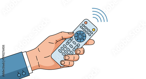Close up of a human hand holding a gray remote control emitting wireless signals shown by curved lines against a white background.
