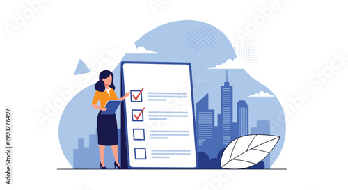 Businesswoman standing next to a giant checklist against a city skyline background representing tasks and accomplishments.