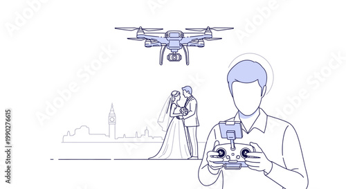 Line drawing of a man operating a drone controller with a bride and groom in the background and a city skyline under a flying drone.