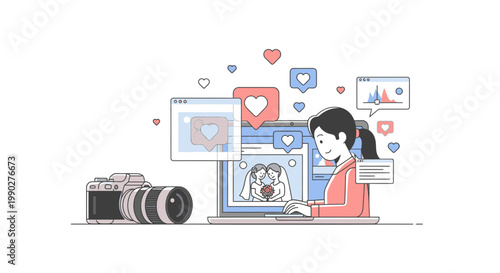Illustration of a woman sitting at a laptop with a camera to her left, surrounded by social media icons and a photo of a dog on the screen, conveying a creative and digital mood.