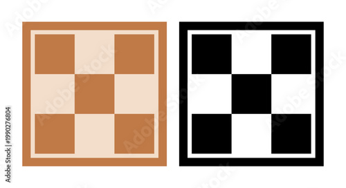 Two minimalist empty 3x3 grid icons one color and one black white with chess checkered pattern. Clean vector symbols for strategy games or logic concepts.