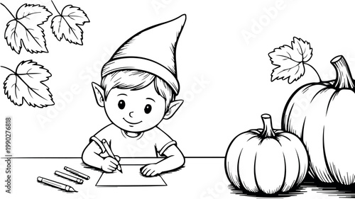 A cheerful elf character wearing a pointed hat, diligently drawing with crayons on paper, surrounded by autumn leaves and pumpkins, depicting a cozy fall scene.
