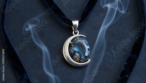 Ethereal Gothic Whitby Jet Pendant in Moon Setting