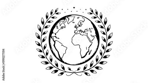A detailed illustration of the Earth globe encircled by a classic laurel wreath, symbolizing global achievement, peace, and environmental stewardship.