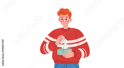 Young man with red hair wearing a striped sweater looks sick and sad while holding a tissue box and pulling out a white tissue.