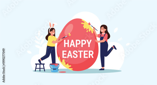 Two girls in overalls and bunny ears are having fun painting a large red Easter egg with yellow paint on a light blue background.