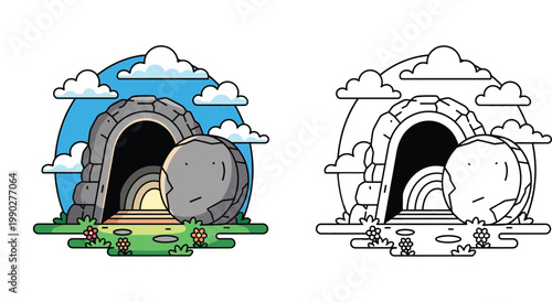 Easter empty tomb vector illustration. Jesus resurrection cave with rolled away stone. Includes color version and black line art coloring page outline.
