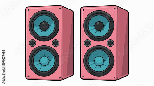 A pair of vibrant pink audio speakers with striking blue cones, designed for delivering powerful sound, rendered in a colorful and modern illustration style.