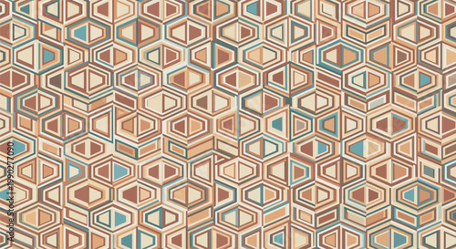 Seamless geometric pattern displays a retro inspired arrangement of interlocking hexagonal and trapezoidal shapes in warm tones.