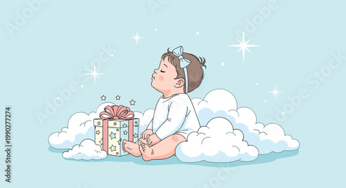 Adorable baby sitting comfortably on a soft white cloud next to a beautifully wrapped gift box under a starry sky.
