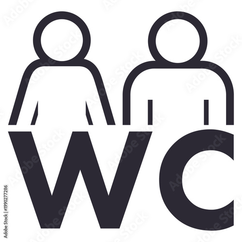 Minimalist restroom icon combining WC abbreviation with two stylized human figures. Simple line art monochrome design for public facilities or inclusive signage.