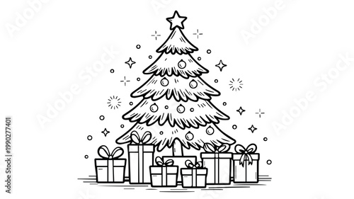 A beautifully adorned Christmas tree, sparkling with stars and surrounded by an array of wrapped presents, capturing the joyous spirit of the holiday season.